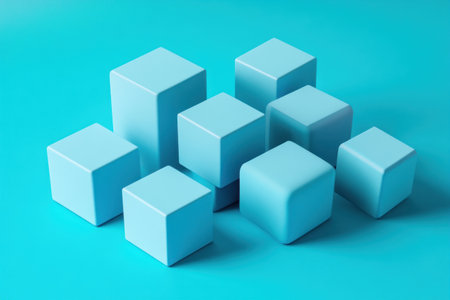 3D rendering of blue isometric cubes on a solid background. The composition includes simple geometric shapes, creating an abstract and minimalistic design. The blue color theme adds depth to the scene. The image conveys modernity with clean lines and simplicity, suitable for technology or digital marketing themes. --ar 3:2 --v 6.1 Job ID: ee0f6f77-ebde-408e-ab85-3cc59a983149の素材