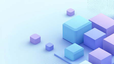 Abstract blue and purple geometric shapes forming an isometric building, symbolizing the idea of architectural design in digital architecture with cube blocks, on a light background. --chaos 30 --ar 16:9 --v 6.1 Job ID: 626fec58-9078-4db6-a760-38c8932b1398の素材