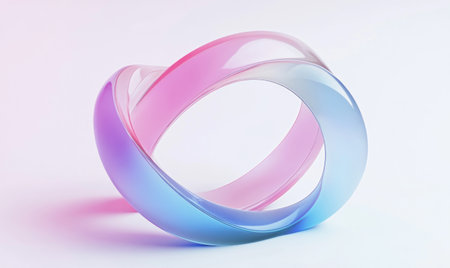 A 3D icon of an open ring, designed with holographic gradient colors that transition from pastel pink to soft blue and purple hues, set against a white background. The ring is portrayed in a side view, showcasing its sleek design and smooth curves. This icon symbolizes the concept of love, affection, or connection. It's crafted using Blender software with C4D for its realistic color gradients and holography effect. --ar 5:3 --v 6.1 Job ID: bd0eeeff-e915-44ac-bdbf-b440560a2f1aの素材