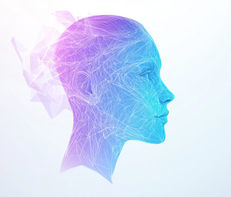 A low-poly illustration of the profile view of an AI head made from geometric shapes, with neon blue and purple colors on a white background. The design includes digital lines forming facial features and hair, creating intricate patterns that give it depth. It is created in the style of vector art, giving high resolution and detail to the textures. This concept symbolizes artificial intelligence technology. --ar 7:6 --v 6.1 Job ID: ccfe4f05-705e-49fb-94ec-ab883d28c8d3の素材