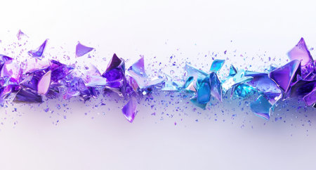 3D render of abstract shapes in purple and blue colors, falling from top to bottom on a white background, creating a dynamic effect. The shapes are made up of irregular pieces that appear shattered or broken. Each piece has sharp edges and reflections, giving the impression that they could be glass or crystal. There is an empty space at each end for text or other elements. This design would work well as a banner, with no images featuring the shapes. --ar 28:15 --v 6.1 Job ID: e135a888-5e62-45b9-a698-a4a2b0e6b5bbの素材
