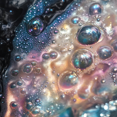 Iridescent bubbles and foam, close-up, macro photography, hyperrealistic --v 6.1 Job ID: 7af0852d-831d-4858-8e54-b185c407366fの素材