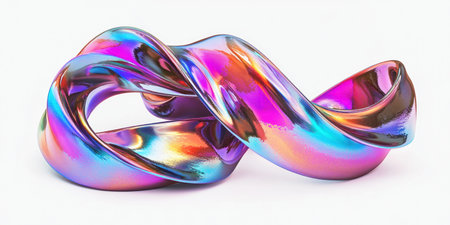 3D render of a colorful, metallic twisted ribbon isolated on a white background. A colorful, iridescent, holographic, abstract fluid shape in motion. Highly detailed and intricate, hyper-realistic, with sharp focus and high resolution photography. --ar 2:1 --v 6.1 Job ID: 413aafcf-56db-45e6-84e8-a5c64d7f4dc9の素材