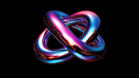 3D render of an iridescent liquid chrome knot, black background, Cinema 4D, Octane rendering, volumetric lighting, hyper-realistic, hyper-detailed, in the style of Octane Render. --chaos 30 --ar 16:9 --v 6.1 Job ID: 8817a787-1df4-4581-abbb-cd7622fa8f24の素材