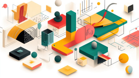 Abstract digital blocks in vibrant colors, forming an intricate pattern on a white background. Conceptual art with a futuristic touch. Isometric view of colorful geometric shapes and cubes creating a dynamic composition. --chaos 30 --ar 16:9 --v 6.1 Job ID: 33a57227-af95-4de1-8523-7b1008904e20の素材