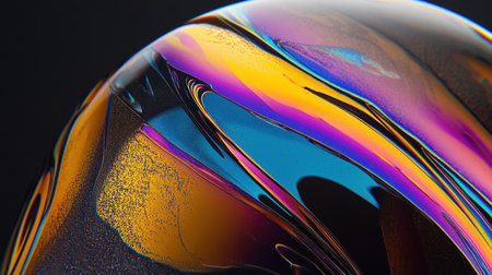 A close-up of the edges and curves on an iridescent soap bubble, with its rainbow colors reflecting against a black background. The soap bubble forms an arched shape, creating an elegant composition. --chaos 30 --ar 16:9 --v 6.1 Job ID: c18afae7-63ba-409b-8a31-29988d739befの素材