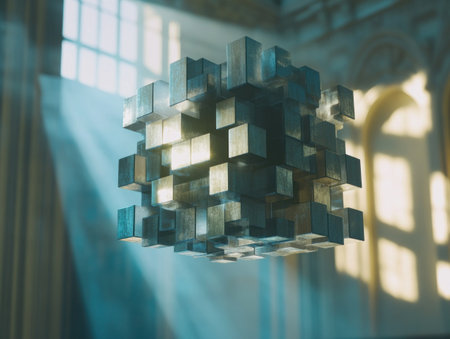 A cube made of smaller cubes, floating in the air, casting light and shadow on its surroundings. The blocks appear to be melting or disintegrating as they float together, creating an abstract and visually striking effect. This concept could symbolize data flowing through digital networks, representing innovation and technological progress. --ar 4:3 --v 6.1 Job ID: 283a8fd0-f5d3-4d8e-b79e-370a1156d63fの素材