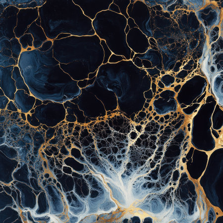 Black and gold marble pattern, with veins of white that resemble liquid metal. The background is dark blue to create contrast, and the lighting casts a soft glow on the texture, highlighting its intricate details. --v 6.1 Job ID: 72c92af5-2f23-4c78-a236-fd7ff9757945の素材