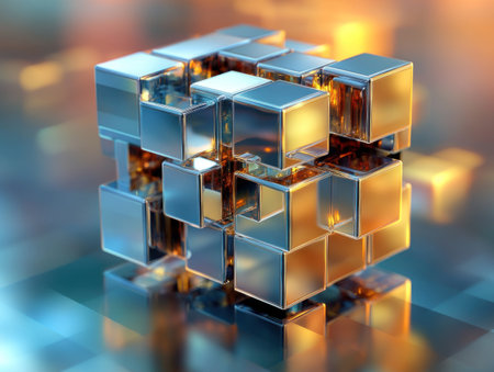 A cube composed of smaller cubes is floating in the air, reflecting light and shadow, with an abstract background. The overall color scheme features highly saturated colors such as gold or silver, creating a sense of technology. From the front view, it presents a three-dimensional effect through perspective distortion, showcasing intricate details. --ar 4:3 --v 6.1 Job ID: bb215633-8a1d-4e47-969f-aa0091e20438の素材