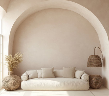 A simple arched wall in a light pink color, a minimalistic living room with a sofa and a wicker lamp, Scandinavian interior design. --ar 17:15 --v 6.1 Job ID: 40f731c9-7e3f-4e6f-8bf8-381a0fa82c51の素材