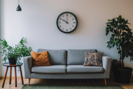 A simple living room with white walls, a gray sofa, and an olive green carpet. A small side table is placed to the left of the couch with some plants inside it. There's also a black clock hanging on the wall above to display the time. The photo was taken from a front view. It has a high resolution and natural lighting. This photo will be used for advertising and social media promotion. --ar 3:2 --v 6.1 Job ID: 6d0c4bea-04e1-4e30-bfc2-357eb4e938a8の素材