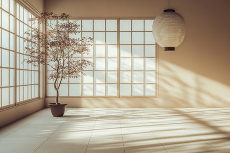A serene Japanese-style room with large windows, light-colored walls, and white tiles on the floor. A small tree in an indoor pot stands against one wall, casting soft shadows across the space. The room is adorned with minimalist decor, including a traditional lantern hanging from above. Sunlight streams through the window, creating long, elegant shadows that add depth to the scene. --ar 3:2 --v 6.1 Job ID: 407fdece-d65c-4eb7-a2b4-fddd05dc33edの素材