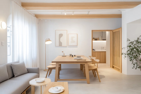 A Scandinavian-style dining room with white walls, wooden furniture, and a soft grey sofa against the wall. A modern floor lamp stands next to an oak table set for three people. The focus is on the minimalist design of each piece of decor. --ar 3:2 --v 6.1 Job ID: e9c1be71-3bb3-455f-ac1f-c51008fa228aの素材