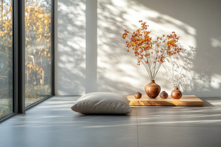 A tranquil Japanese-style interior with large windows, featuring an empty floor cushion and vases of autumn flowers on the table. The scene is bathed in warm sunlight that filters through the window, casting gentle shadows across the room's white walls and gray tiles. A peaceful ambiance surrounds you as nature harmoniously blends into your space. Focus on the serene atmosphere. --ar 3:2 --v 6.1 Job ID: a1419635-5385-4b32-8b47-34d0cd11fd88の素材
