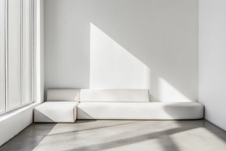 A white and gray room with a corner sofa, wall mockup, concrete floor, window, and wooden elements, showcasing a modern, minimalist interior design. Close-up, high-resolution photography. --ar 3:2 --v 6.1 Job ID: ab756b5d-352e-4277-af0a-8db57df3b075の素材