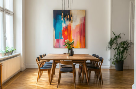 Stylish dining room interior with a simple wooden table and chairs, parquet flooring, white walls, and a large abstract painting on the wall. This reflects Scandinavian home decor, design, and minimalism. The photo was taken with a Canon EOS 50D or Sony Alpha camera. --ar 23:15 --v 6.1 Job ID: 615b705e-3f1e-4ef3-a964-94269a54b7faの素材