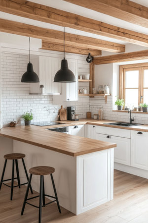 A photo of the kitchen in the style of Scandinavian design, featuring white cabinets and a light wood countertop with black pendant lamps hanging from above, wooden beams on the ceiling, a white subway tile backsplash, a cozy atmosphere, warm lighting, a minimalistic design, and a wooden floor. --ar 2:3 --v 6.1 Job ID: c015fc3e-36a3-4943-bc45-6f61a2b4932aの素材