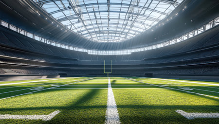 A photorealistic rendering of the interior view from an elevation, a futuristic American football stadium with an open roof and bright natural light shining through the skylights. The field is painted in a green grass color with white lines for the markings. There are no stands or seats visible yet. In front, there is a DSLR camera facing towards the viewer. --ar 53:30 --v 6.1 Job ID: 7856fc43-3280-4ecf-96c8-7864b18f5c60の素材
