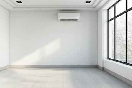 Photo of an empty room with white walls and a light gray wooden floor. A large window is on the right side, indicating a modern style interior design. A small air conditioner is installed in the wall near the ceiling, and two decorative windows are located in the top left corner. The room is devoid of any furniture or decoration, showcasing a minimalistic aesthetic. --ar 3:2 --v 6.1 Job ID: 9dd08ad4-4a23-468a-bd69-3181f26352f5の素材