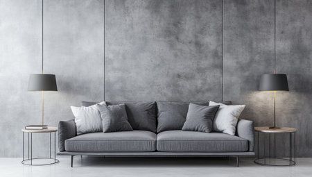 Minimalist gray sofa with concrete wall background and side tables with lamps, modern home interior design of living room. --ar 53:30 --v 6.1 Job ID: 446c6818-60bb-4b08-a99c-ad4eb8f033b6の素材