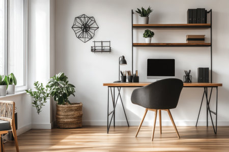 A photograph of the interior design in the style of Scandinavian style, with white walls featuring light gray and black accents, a wooden parquet floor, modern minimalist furniture, a barstool near a wall desk with metal shelves, a home office setup, natural lighting, and soft shadows, captured using a Canon EOS R5 mirrorless camera with a wide-angle lens. --ar 3:2 --v 6.1 Job ID: 2d3008b3-0112-4529-abea-b66cf28864b3の素材