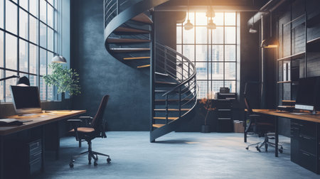 A modern office interior with an elegant spiral staircase in the center, showcasing its sleek design and adding depth to the space. The room is filled with contemporary furniture such as desks, chairs, computers, and lighting fixtures that create a professional atmosphere. There's natural light coming through large windows, highlighting details like wooden accents on the stairs or the metal forms of the pendant lamps. --chaos 30 --ar 16:9 --v 6.1 Job ID: 10e66972-b8f2-4615-a680-303fc8e294bdの素材