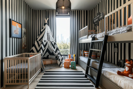 A child's bedroom with striped wallpaper, featuring black and white stripes in an open layout. The room includes a baby crib on the left side of two bunk beds designed for boys and girls. A tent is set up near one end to create a play area. There's also an accent lamp that adds light and character to the space. In front of each lofted bed stand small chairs decorated like foxes or bears. On top of these beds sit colorful bookshelves filled with various books. It feels playful yet stylish. --ar 3:2 --v 6.1 Job ID: 0b887a46-2b35-4276-8519-74a2f8af7c4aの素材