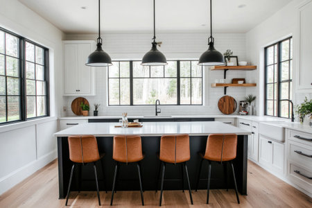 A photo of a large, open kitchen with white walls and a black island. Black pendant lights hang above the bar, and the wood floors are visible. On the left wall, there is one window, and on the right side wall, there are two windows over the sink. Four brown leather chairs are positioned around the center table. --ar 3:2 --v 6.1 Job ID: fb8da074-7177-4d44-9203-a3958133dc53の素材