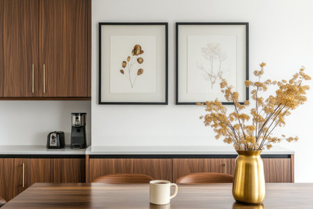 Two large, thick, black-framed, square, blank posters on the wall above a modern, mid-century dining table with a coffee mug and a gold vase of flowers. The walls are white, and there are wood cabinets in the background, creating a minimalist style. --ar 3:2 --v 6.1 Job ID: 37371e0f-1c55-40a9-9a70-a39c34334a24の素材