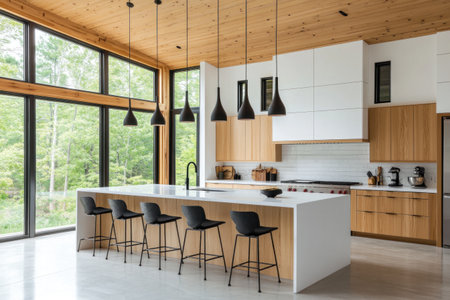 A white kitchen with light wood cabinets and an island, modern interior design, wood ceiling, large windows on the left side, black pendant lights above bar stools, concrete floor, perspective view, hyper-realistic photography, super-resolution, 8K --ar 3:2 --v 6.1 Job ID: 530ddb8e-4b0c-4540-8aef-ff58eb923792の素材