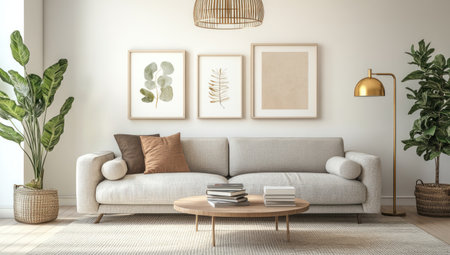 A modern living room with a gray sofa, a wooden side table, and a floor lamp on the right, books stacked in front of it, plants placed behind the couch, wall art frames hanging above, a golden pendant light overhead, beige walls, minimalist decor, a simple and clean aesthetic, a realistic photography style, natural lighting, and warm color tones in high resolution. --ar 53:30 --v 6.1 Job ID: ff2c8c1b-4288-482e-b256-ac3299ea493dの素材