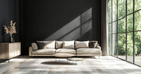A modern living room with dark gray walls and a white wooden floor, featuring a sofa in neutral tones and a coffee table. The scene is illuminated by natural light coming through large windows. A sideboard adds an industrial touch to the space. --ar 19:10 --v 6.1 Job ID: 8734fea9-6051-44b4-b706-fa99216dc40fの素材
