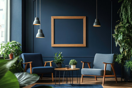 Sleek modern living room with navy blue walls, vintage armchairs and coffee tables, a wooden frame on the wall, soft lighting from pendant lights, and plants adding life to the space. --ar 3:2 --v 6.1 Job ID: 7f6f43be-1a27-49e1-8f82-085a5e7abeb2の素材