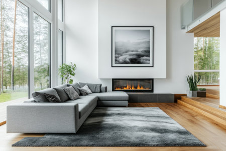 Modern living room with a fireplace and a gray sofa, wooden floor, a gray carpet on the ground, and white walls with a large picture frame hanging above the couch. Minimalist interior design of a modern home. --ar 3:2 --v 6.1 Job ID: 67876f1a-cf5e-4f4c-976f-58271f62108dの素材