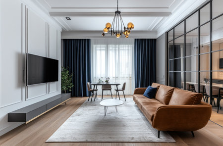 Modern interior design of the living room, with a high ceiling featuring a TV and sofa. A glass door on one side leads to the dining area. The walls are grey with white wall panels, and dark blue curtains adorn the windows. A modern chandelier hangs from the ceiling, and the wooden floor is covered with a light-colored rug. The furniture arrangement is minimalistic, creating a bright and modern atmosphere. --ar 23:15 --v 6.1 Job ID: e8c19082-77ec-42ec-975d-927a9f031645の素材