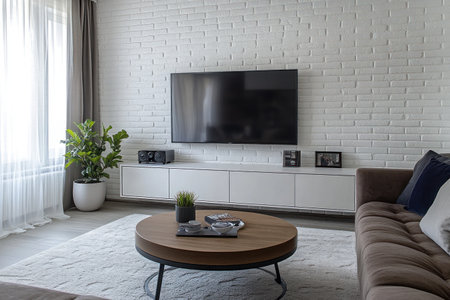 A modern living room with a white brick wall, a sofa and TV unit, a round coffee table on a soft carpet floor, a cabinet near the TV set, a white wooden sideboard against the backdrop of light grey bricks, and natural daylight coming through the window. --ar 3:2 --v 6.1 Job ID: 811ad839-22cf-4072-9629-1672c8d0b9f8の素材