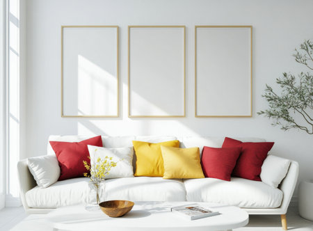 An empty three-vertical-frame mockup on the wall of a living room, a white sofa with red and yellow pillows, a white coffee table, a modern interior design style, a bright light color palette, high-resolution photography. --ar 41:30 --v 6.1 Job ID: 693cfbec-bd6f-4958-9806-9e3fd8502315の素材