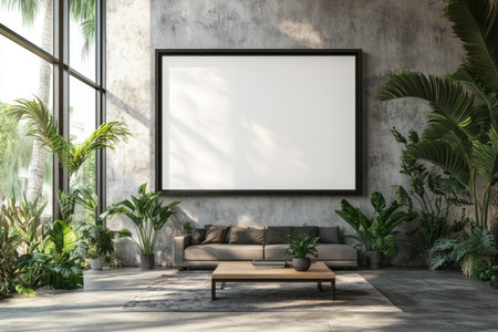 A large blank picture frame hangs on the wall of an office building with concrete walls and plants. In front of it is a coffee table with some tropical plants. Large windows overlook nature, allowing natural lighting to fill the space. The scene has a hyper-realistic quality. --ar 3:2 --v 6.1 Job ID: 921fe0e0-8965-4728-9d9e-80bf4a6f4246の素材