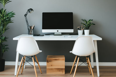 A white desk with an iMac and modern chairs in front of it. On the floor is a wooden block for cable management. A grey wall is behind the table, showcasing a Scandinavian interior design style. This is a wide-angle shot with professional photography lighting. --ar 3:2 --v 6.1 Job ID: 1ba2bc1a-143e-48b8-b95c-5b594c932dceの素材