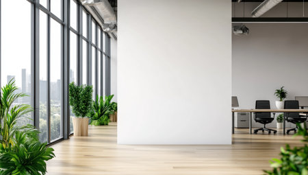 A white wall in an office with large windows and desks, with green plants on the floor and wooden flooring. The background is blurred to highlight a modern open-space design. A side view of one half shows a door leading into another room, adding depth to the scene. --ar 53:30 --v 6.1 Job ID: 586912fd-62cf-4816-87ef-d00171187a23の素材