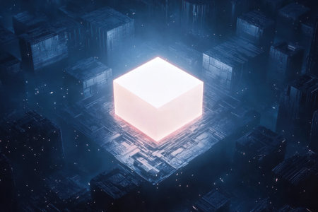 A dark background with a glowing white cube in the center, surrounded by many small cubes of different sizes and shapes. The overall effect evokes an atmosphere filled with technology and futuristic elements. It creates a sense of mystery or magic, and everything seems to be connected through some kind of network or data flow. --ar 3:2 --v 6.1 Job ID: ad4bc2dd-92f0-46df-a0a5-73ed383d89faの素材