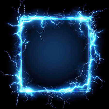 Lightning-blue frame on a black background, vector illustration, electric effect, electric effects, vector graphics, glowing edges, lightning in the corners of an empty rectangular field for text, glowing light particles, glowing energy effect, electric theme, high resolution, high quality, high detail, high sharpness, hyper-realistic, hyper-detailed --v 6.1 Job ID: 1890e52c-c32d-4ec1-b893-78fc39c851a1の素材