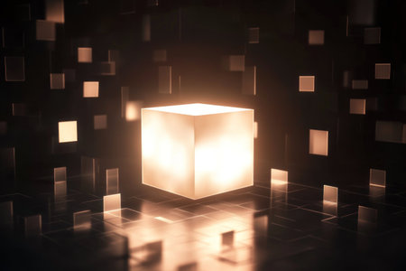 A dark background with light squares of different sizes and shapes around the cube, creating an abstract digital space with futuristic elements. The glowing box is in sharp focus against its surroundings, symbolizing technology's impact on our lives. --ar 3:2 --v 6.1 Job ID: 2ae03db1-0646-4844-80ba-9931560fbb12の素材