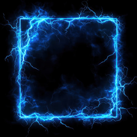 Blue lightning frame on a black background, with a glowing square border and a thunder lighting effect. --v 6.1 Job ID: 5eb10db9-4433-44ed-819a-aa062de403faの素材