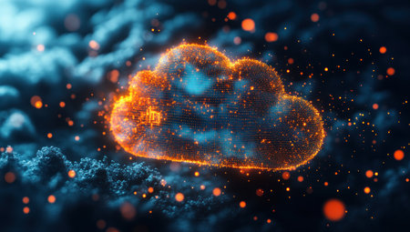 3D rendering of a glowing cloud with a data flow and network connection in the dark sky background. Cloud computing technology concept for online storage, HDR lighting, high-resolution photography. --ar 53:30 --v 6.1 Job ID: 9d6c5ddf-568b-44d5-aedf-75be9d4dd5eaの素材