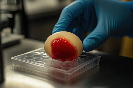 A close-up of a hand wearing blue gloves holding an egghead, filled with a red liquid in one cell on a transparent polystyrene well plate. The background shows the lower part of legs sitting at a table, working with science equipment in a laboratory. --ar 3:2 --v 6.1 Job ID: 6f87d51d-3b97-4bce-be45-aac00f0b7328の素材