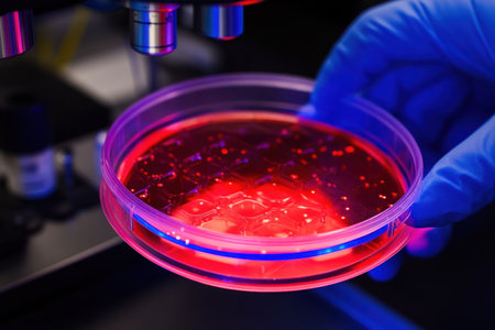 A close-up of a 96-well plate being used in medical research, with the focus on one well containing red liquid and another blue ink. The background shows laboratory equipment like micropipettes or digital microscopes. A scientist's hand is visible, wearing gloves and holding up the plate to display it under the light for closer inspection. The scene conveys scientific precision and attention to detail during advanced chemical experimentation. --ar 3:2 --v 6.1 Job ID: 5e43244c-e3de-4b35-96cd-0951191be7a3の素材