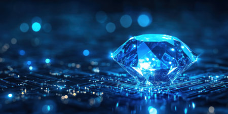 Blue background with glowing lights and geometric shapes, representing technology or digital design elements. In the foreground is an abstract blue gem on top of a circuit board pattern. The composition includes blurred light rays that give depth to the scene. --ar 2:1 --v 6.1 Job ID: f3d0bf03-9e57-44d5-80e0-744252631f49の素材