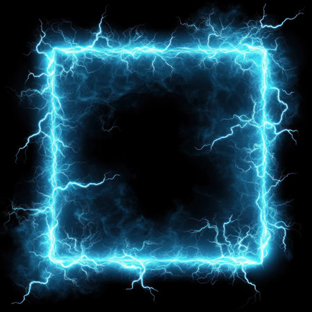Lightning-blue frame on a black background, vector illustration, electric effect, electric effects, vector graphics, glowing edges, lightning in the corners of an empty rectangular field for text, glowing light particles, glowing energy effect, electric theme, high resolution, high quality, high detail, high sharpness, hyper-realistic, hyper-detailed --v 6.1 Job ID: 1890e52c-c32d-4ec1-b893-78fc39c851a1の素材