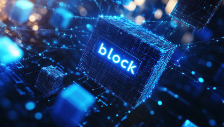 A blue digital background with cubes and connections, representing the technology of blockchain. The cube blocks form an interconnected network that symbolizes "block" written in white letters on top of each cube. A blue light glows from within some of these cubes, adding to its futuristic feel. This design would be suitable for themes related to advanced technological structures or online data transfer. --ar 53:30 --v 6.1 Job ID: be532284-12ad-4b7b-a6e0-af0e3ec8d9d3の素材